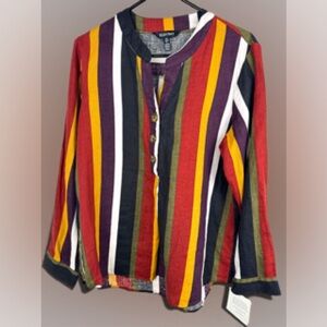 NWT Ellen Tracy Linen Striped Popover Blouse Shirt Cinnamon Purple Size L